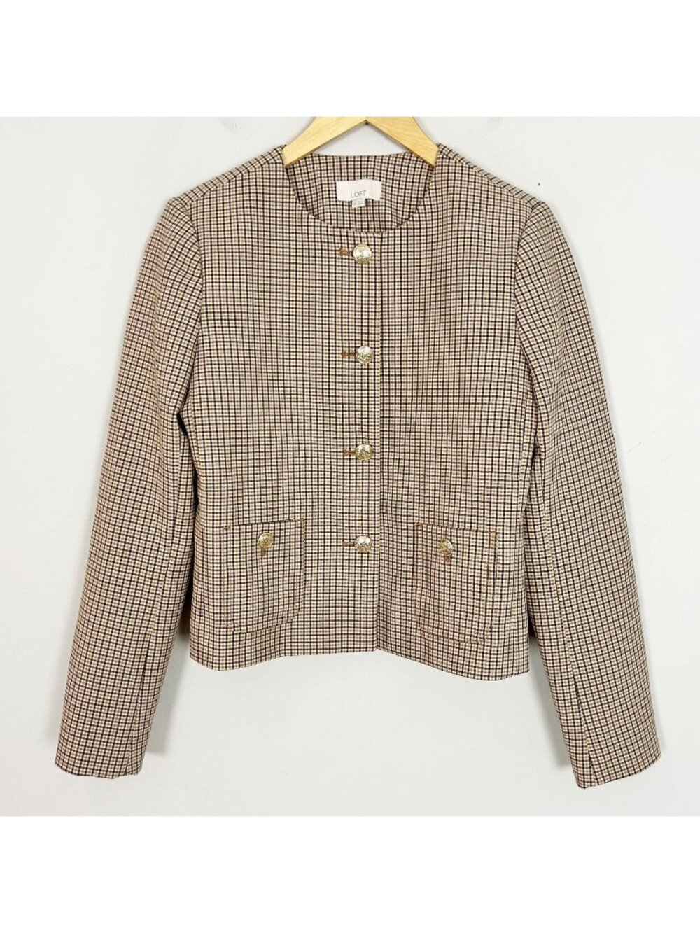 Loft Brown Tartan Plaid Short Blazer Jacket Gold Buttons Size XS Women's